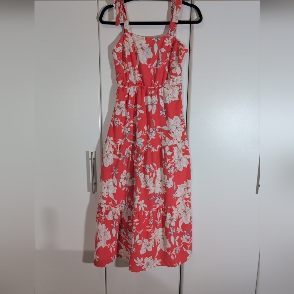 Social Standard Tiered Dress Sz XS Midi Peach Floral Boho Peasant Tie Strap